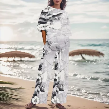 Cotton Linen Sets For Women 2 Piece Outfits Printed Loose Short Sleeve Oversized Top And Wide Leg Pants Sets Ca Mode Jumpsuit 1