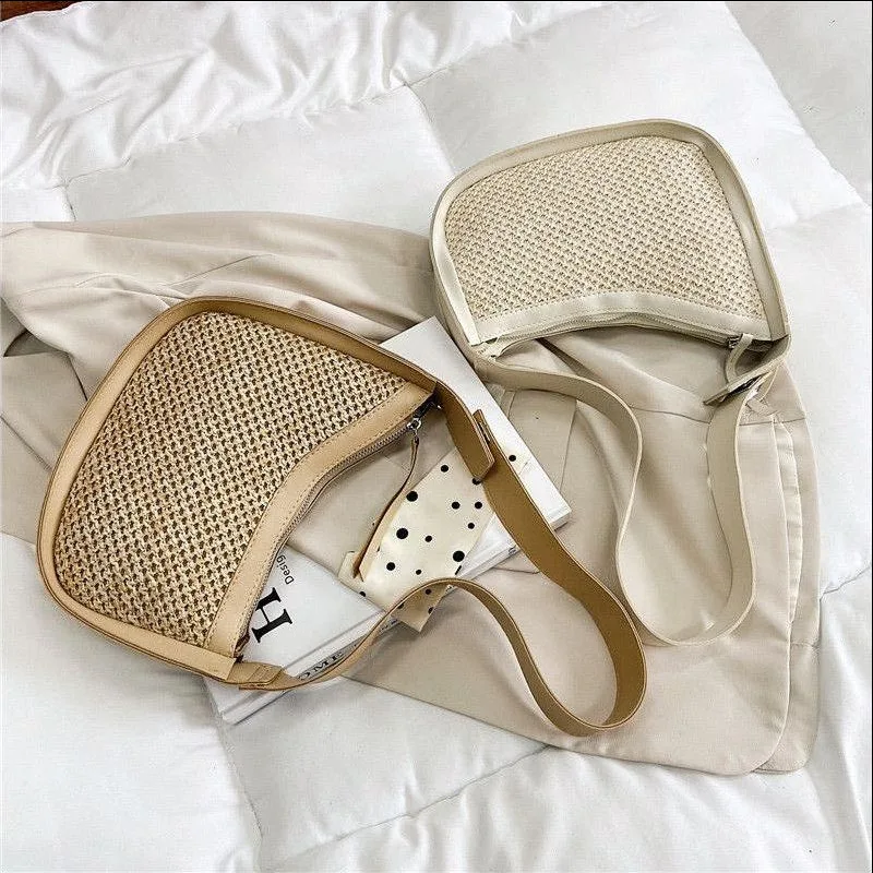 

Small Bag Women's Summer 2022 New Korean Fashion Weaving Western Style One Shoulder Crossbody Bag Beach Vacation Grass Woven Bag