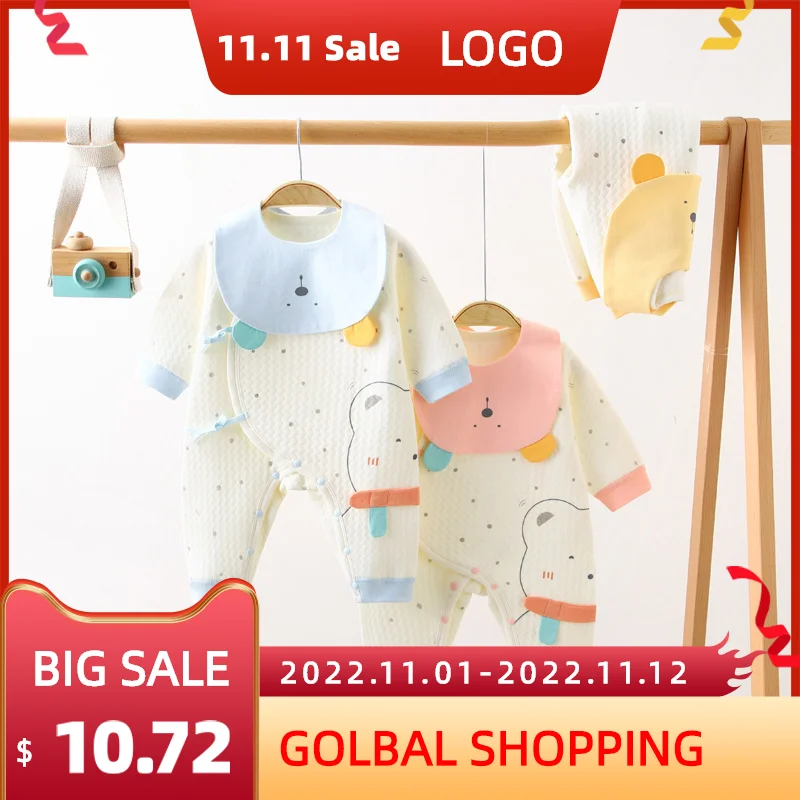

Baby Romper Newborns 0 To 3 Months Bodysuit Boneless Three-Layer Thermal Jumpsuit Send Bibs Spring Autumn Girls And Boys Clothes