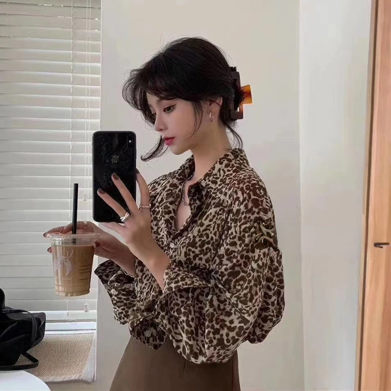 Рубашки женские осенние леопардовые в корейском ретро-стиле |
