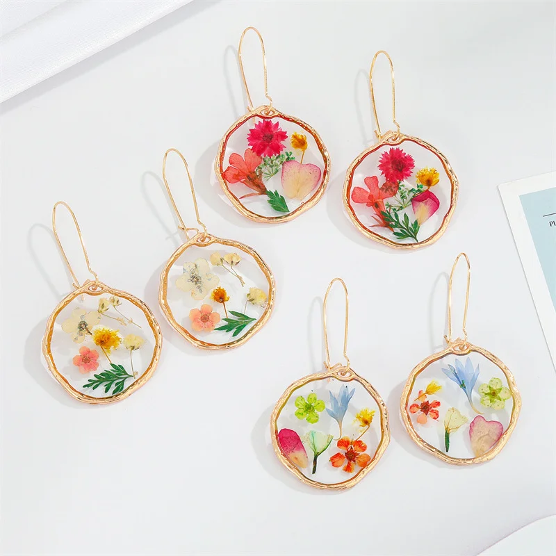 

Creative Real Flower Earring For Women Round Dried Flower Unique Resin Earring Fashion Women's Accessories Ear Jewlry