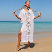 sexy see through lace patchwork bikini cover ups long tunic casual summer beach dress elegant women beach wear