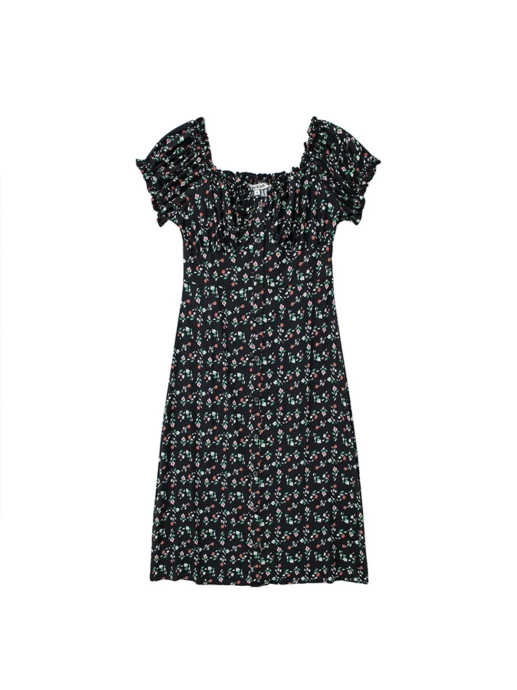 

TRAF 2023 Fashion Women Black Floral Print Dress New Summer Office Ladies Elegant Square Collar Petal Short Sleeve Mini Dress