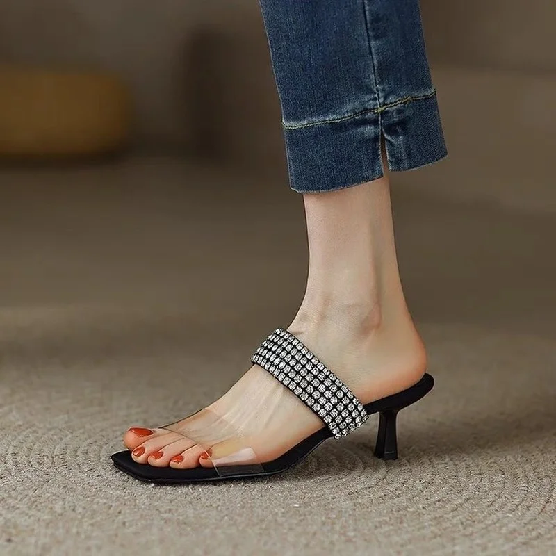 NEW Design Clear PVC Transparent Crystal High Heel Slippers Summer Fashion Slip on Square Toe Slides Women Mules Pumps