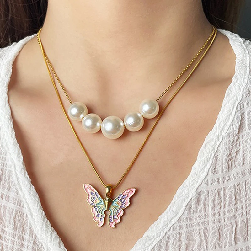 

Fashion Butterfly Necklaces Women Girls Butterfly Pearl Double Layer Choker Thai Pop Necklace Retro Clavicle Chain Party Jewelry