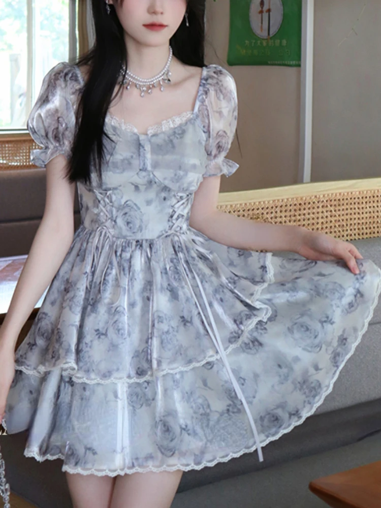 

Французское элегантное шифоновое платье с цветочным рисунком, женское милое платье-мини с буффами на рукавах, женские летние кружевные корейские красивые платья 2023