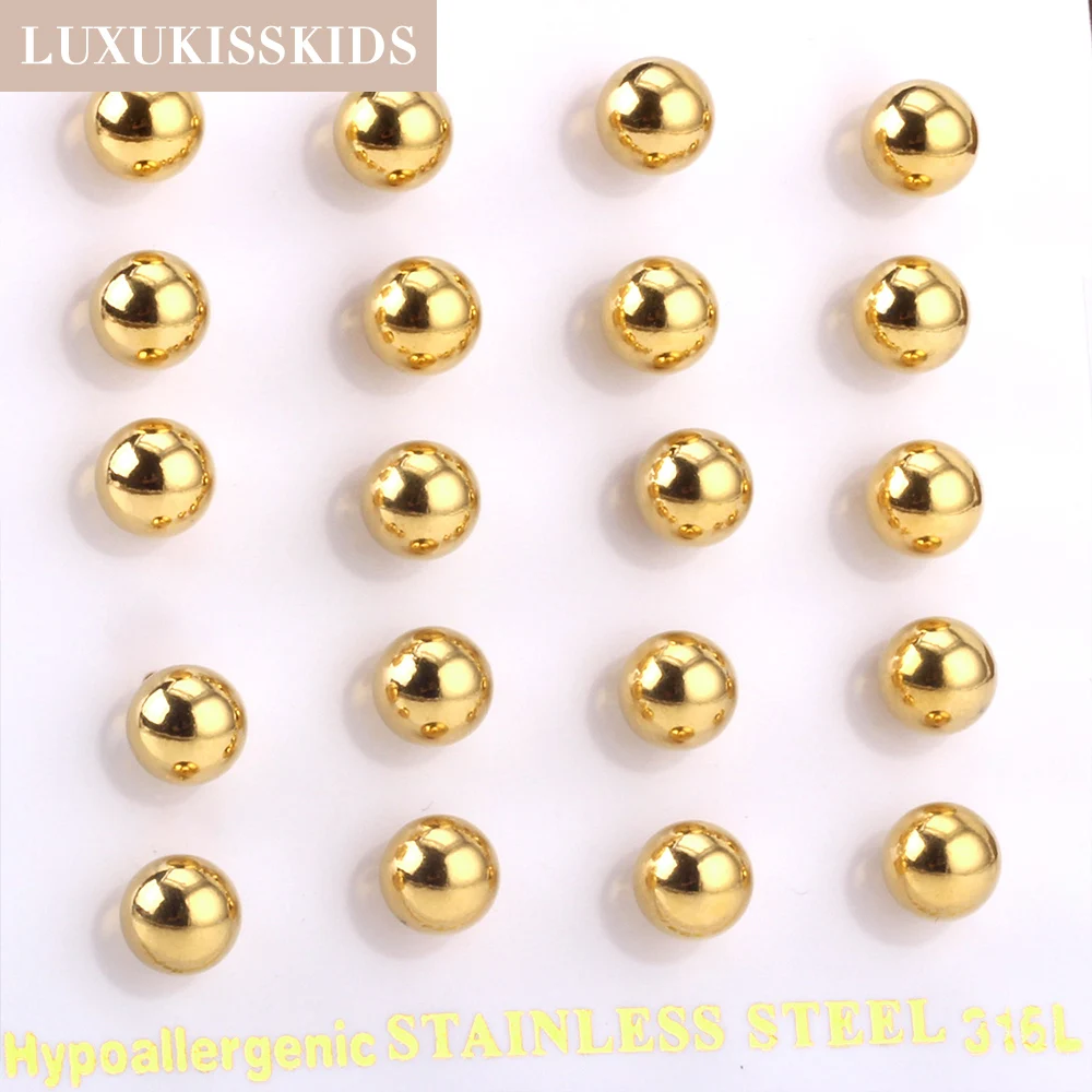 

LUXUKISSKIDS 10pairs/lot Ball Stud Earrings Gold Plated Vacuum Stainless Steel Surgical Earing Sets Classic Piercing 2-12mm Size