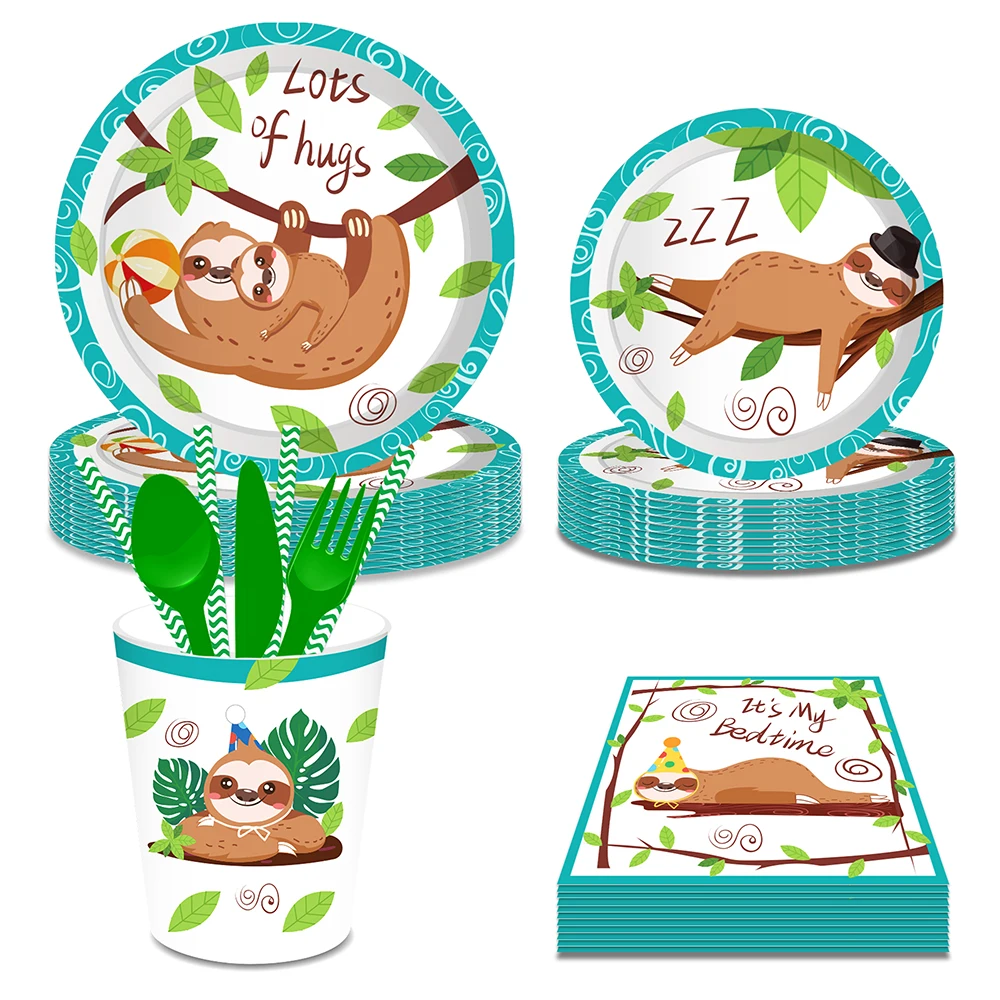 

Cute Cartoon Jungle Sloth Animals Birthday Party Disposable Tableware Dinner Sets for Kids Wild ONE Baby Shower Party Decors