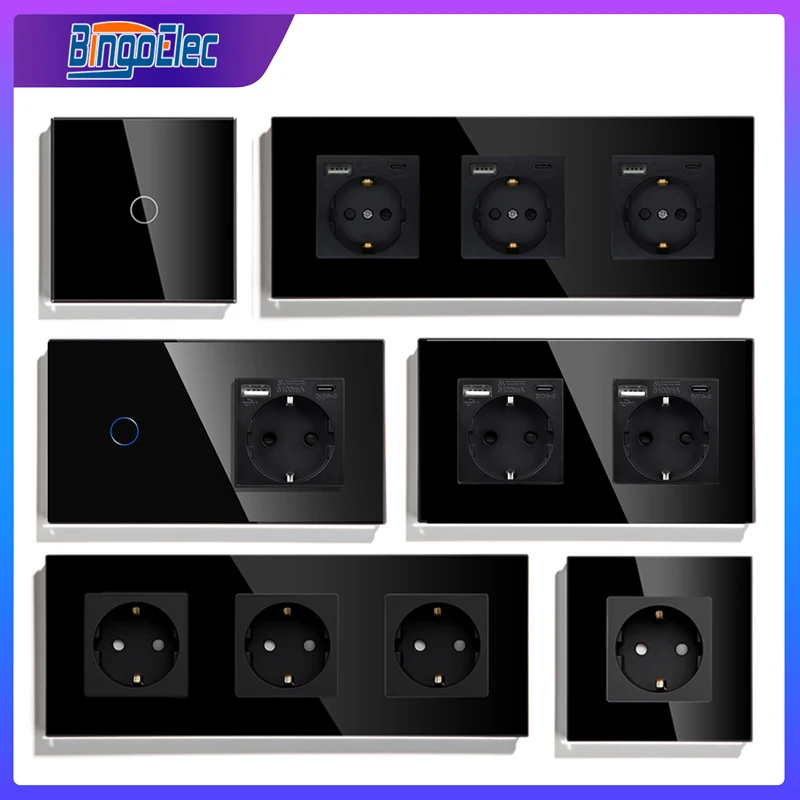 

Bingoelec Touch Light Switch with EU Standard USB Wall Sockets LED Backlight Switches Crystal Glass Panel Type-c Socket