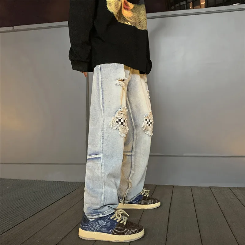 DEEPTOWN Ripped Jeans Men Fake Hole Washed Denim Pants Vintage Straight Trousers Male Loose Casual Streetwear Hip Hop Spring