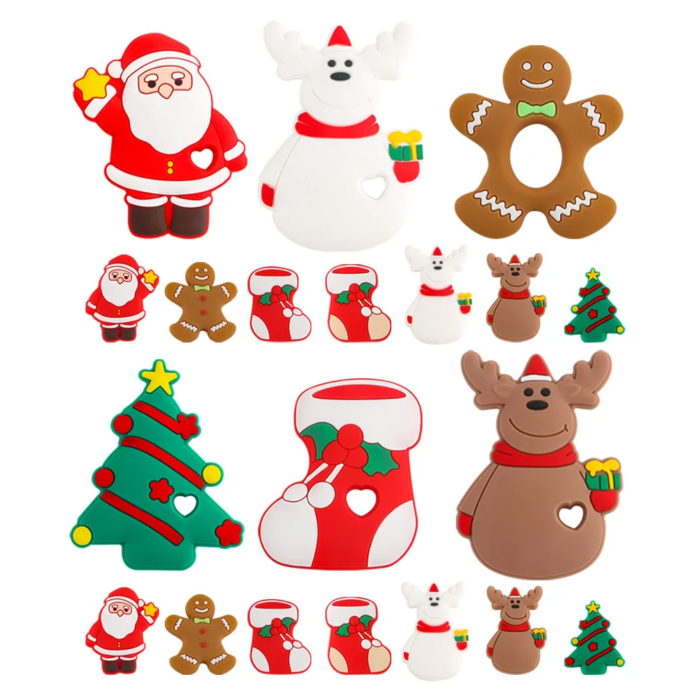 

5/50/100 Pcs New Christmas Collection Silicone Beads Gingerbread Man Reindeer Santa Food Grade DIY Pacifier Chain Accessories