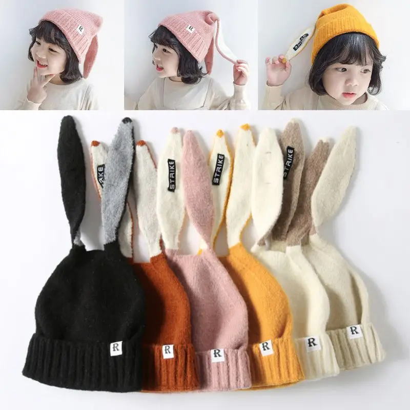 

Girl's Color Matching Knitted Hat with Bunny Ear Decor Winter Warmer Knitted Cold Winter Presents for Toddler