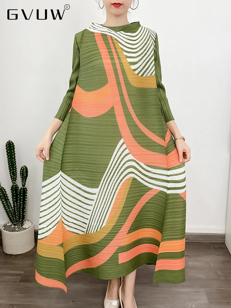 

GVUW Women 2023 Autumn New Pleated Dress Print O-neck Three Quarter Sleeve Color Block Fashion Elegant Dresses Female 17G1250
