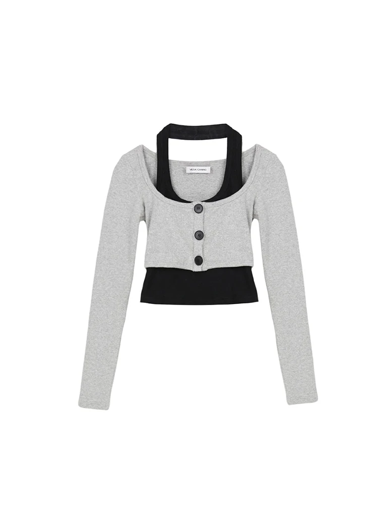 

Женская футболка контрастных цветов, комплект из двух предметов, черный укороченный жилет с лямкой на шее + плотная футболка с квадратным во...