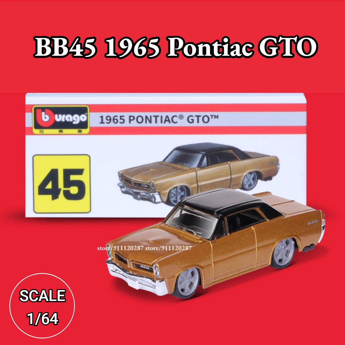 

Bburago 1/64 Mini Car Model Miniature, BB45 1965 Pontiac GTO Scale Metal Diecast Vehicle Replica Collection Toy