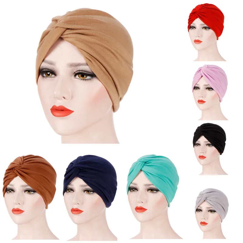 

Indian Cross Frill Chemo Sleep Bandana Candy Color Cancer Patients Hair Loss Accessories Stretch Cloth Ladies Muslim Hat Casual