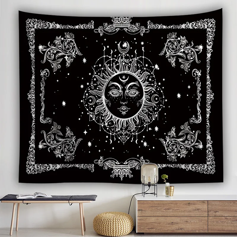 Golden Sun Moon God Tapestry Wall Hanging Totem Home Decoration Divine India Black Background Wall Cloth Tapestries Room Decor images - 6