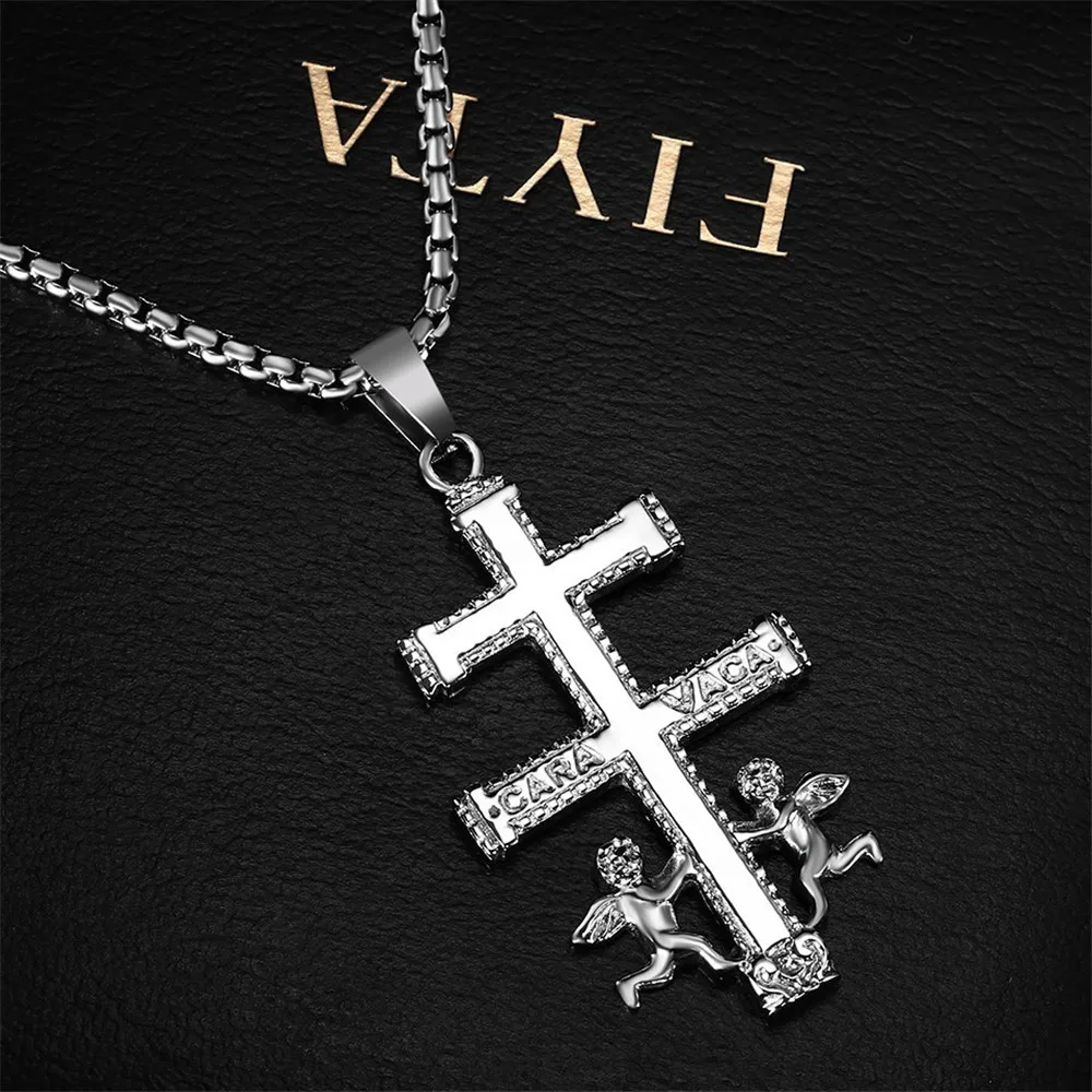 Catholic Angel Cross Pendant Necklace For women Stainless Steel Hip Hop Jewelry Caravaca Crucifix Christian Necklace Men Gift images - 6