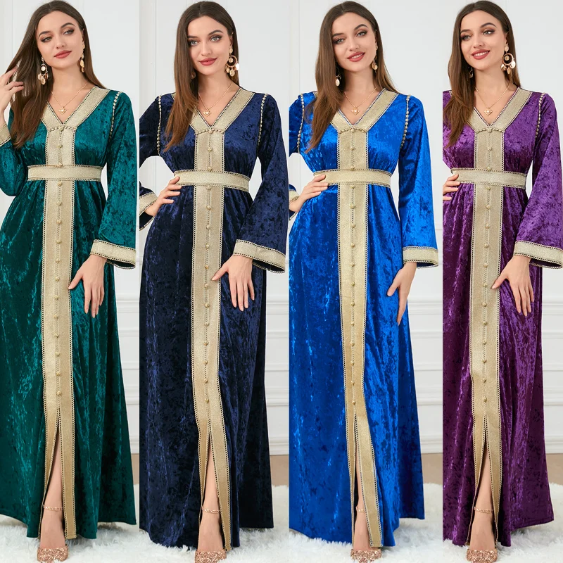 Muslim Abaya Dress Dubai Velvet Tape V-Neck Trim Belted Moroccan Kaftan Split Hem Maxi Dress Islam Oman Qatar Abayas For Women