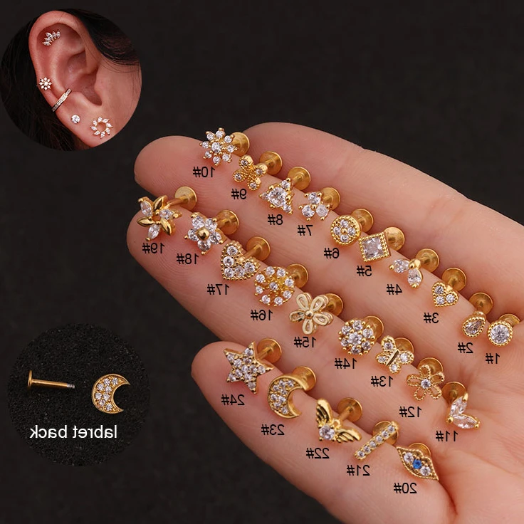 

1Piece Diameter 1.2mm Korean Moon Star Women Stud Earrings for Women Trendy Jewelry Flower Heart Piercing Stud Earrings