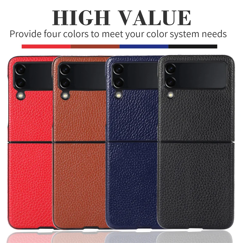 

Luxury Genuine Leather Phone Case for Samsung Z Flip 3 Solid Color Litchi Pattern Folding Back Cover for Galaxy ZFlip3 5G Coque