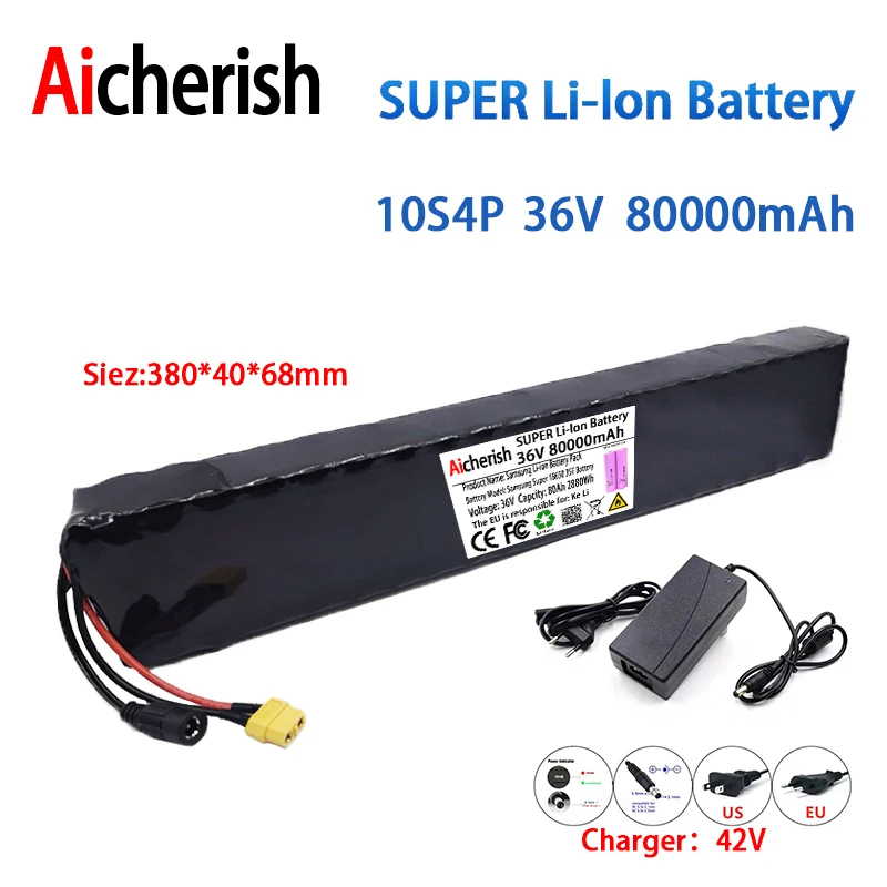 

Аккумулятор 10S4P 36 в 80 Ач 18650 высокой мощности 600 Вт, подходит для электрического велосипеда, электрического скутера, уличного освещения + заря...
