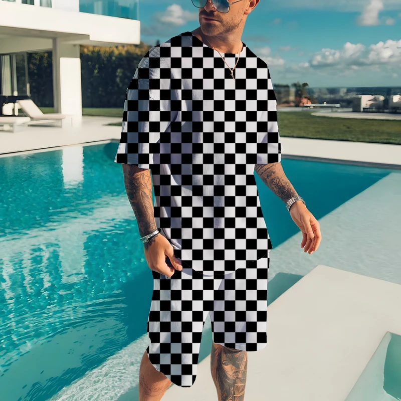 2023 Fashion Print Short Sleeve Shirt Set Men's Beach Coconut Checkerboard Pattern 3D Print Men's Daily Shirt Two-Piece XXS-6XL
