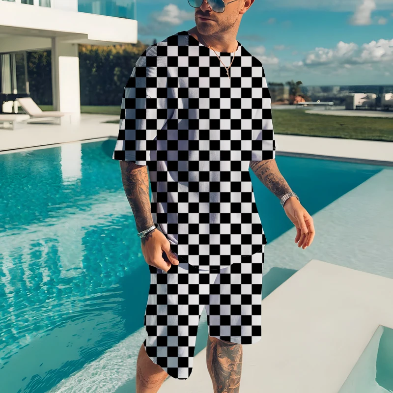 

2023 Fashion Print Short Sleeve Shirt Set Men's Beach Coconut Checkerboard Pattern 3D Print Men's Daily Shirt Two-Piece XXS-6XL