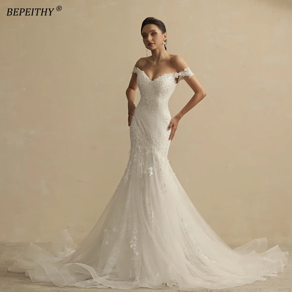 

BEPEITHY Lace Mermaid Wedding Dresses For Women Off The Shoulder Court Train Sleeveless Vestidos De Novia Ivory Bridal Gown 2022