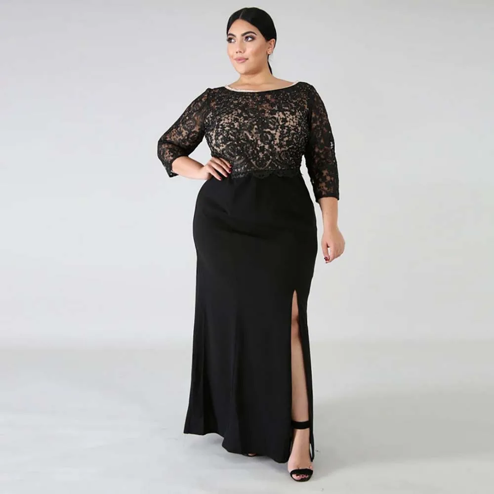 

Plus Size Dress Patchwork Black Lace Panel Slit Long Robe Dress Elegant Evening Women Party Dresses Maxi Dresses New 2022 Summer