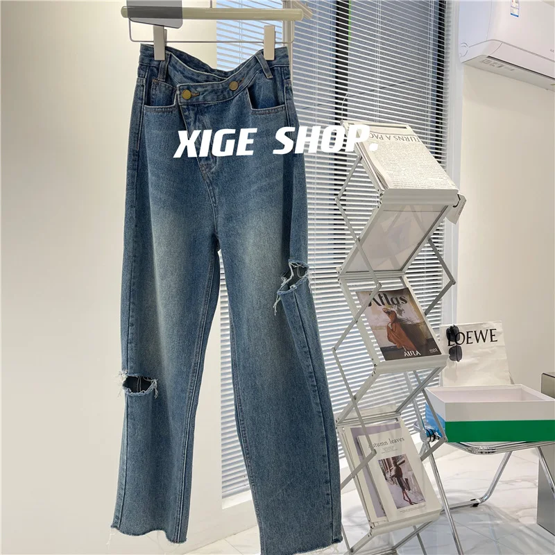 

Hole Oblique Jeans Women's New 22 Spring and Summer Retro Fashion All-match High Waist Straight Wide Leg Pants Casual
