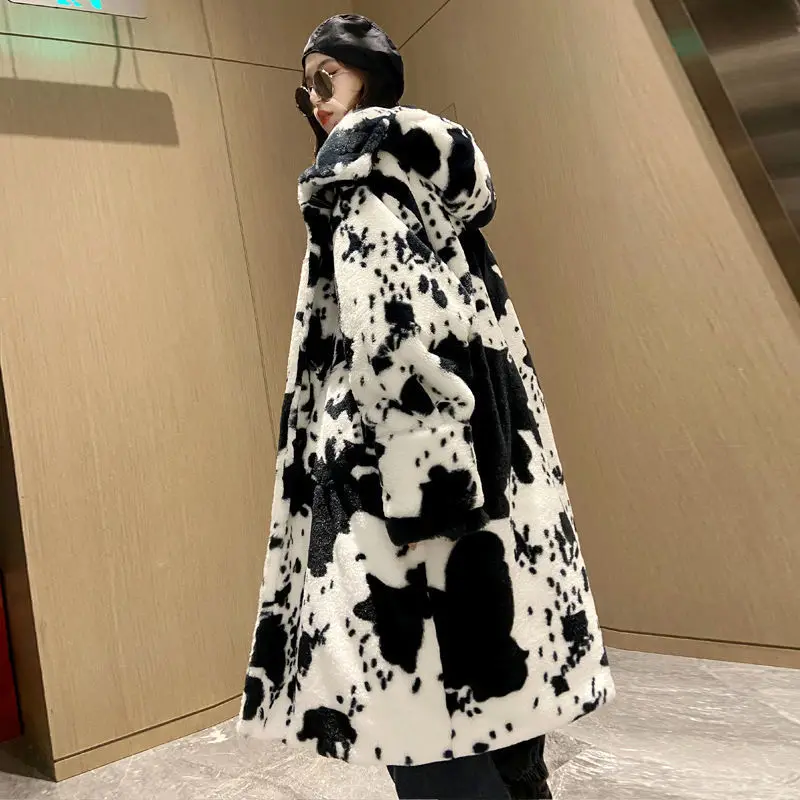 Loose Faux Fur Hooded Coat Women 2022 Winter Vintage Horn Button Lovely Panda Cow Long Jackets Female Casual Oversized Outerwear