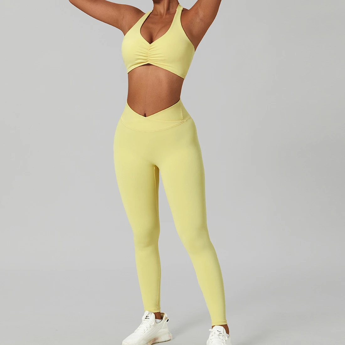 Sporty Jumpsuit Woman 2PCS V Waist Yoga Sets Gym Workout Clothes Sports Gather Bra Fitness High Waist Loung Leggings Outfit Suit