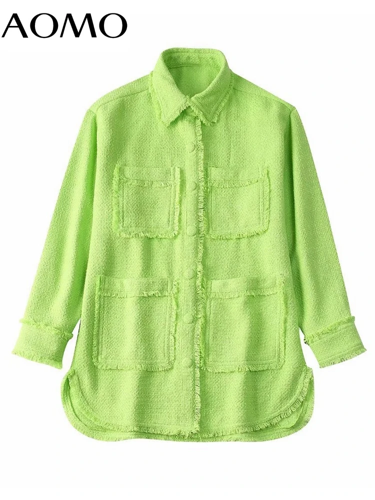 

AOMO Women Green Pockets Frayed Tweed Jacket Coat Vintage Long Sleeve Front Buttons Female Outerwear Chic Tops BE157A