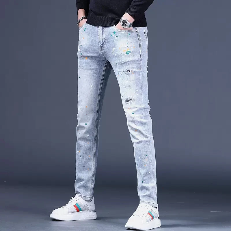 Ripped Patches Light Blue Jeans Men Autumn Slim Fit Straight Pants Streetwear Fashion Dots Printed Denim Trousers CP2011