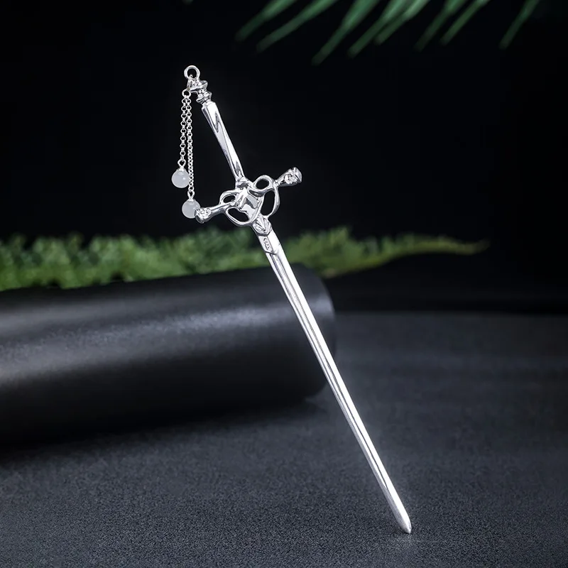 

s925 Sterling silver Chinese style Hetian jade tassel sword hairpin ancient style Hanfu coiled hair headdress sword hairpin