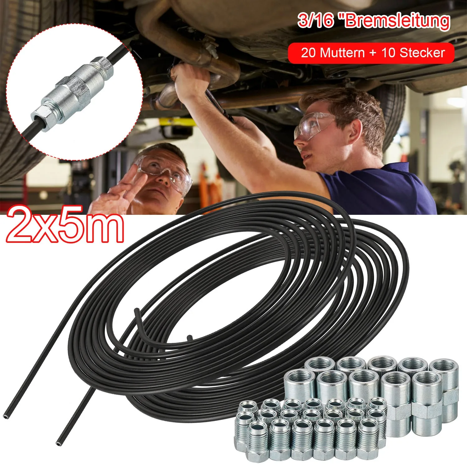

2pcs Car Brake Lines 5m 3/16" 4.75mm Auto Roll Tube Coils Brake Pipes With 20 Nuts 10 Connectors Kit