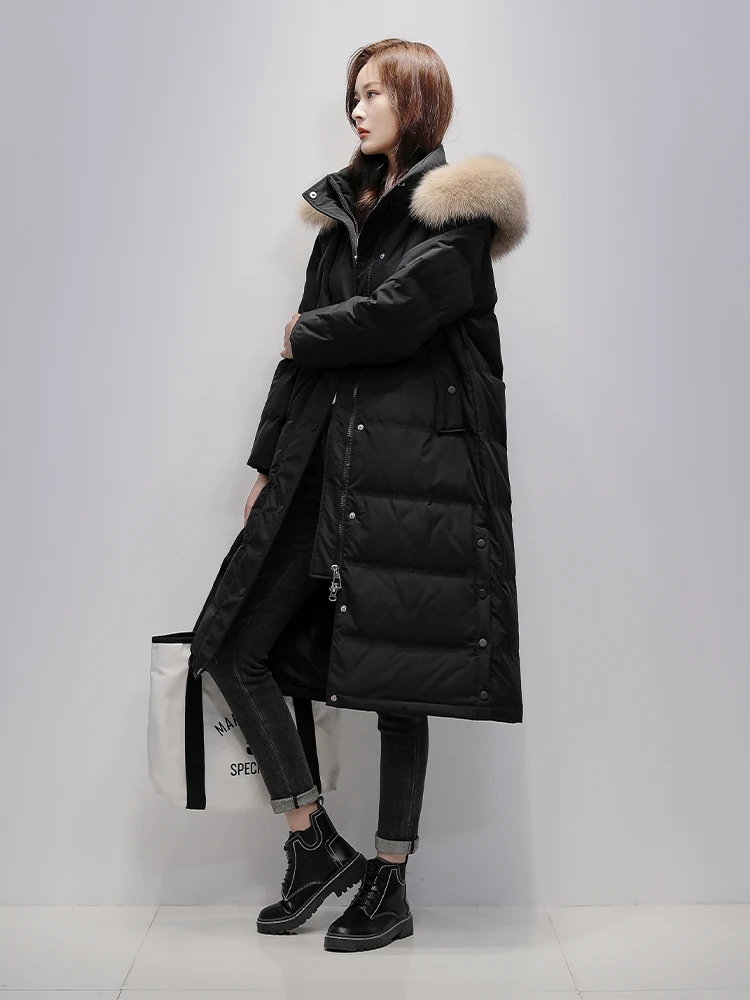 New Women Fox Fur Collar Long Down Jacket Casual Style Autumn Winter Coats And Parkas Female Outwear