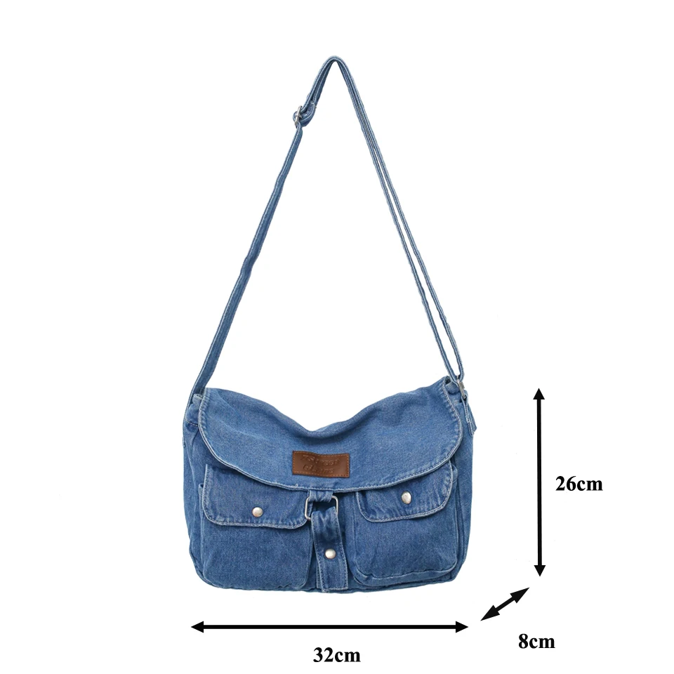 Dark Denim Flap Women's Bag Large Jeans Messenger Bag Y2K Canvas Shoulder Cross Bag Book Eco Bag Korean Shopper Satchel Pockets