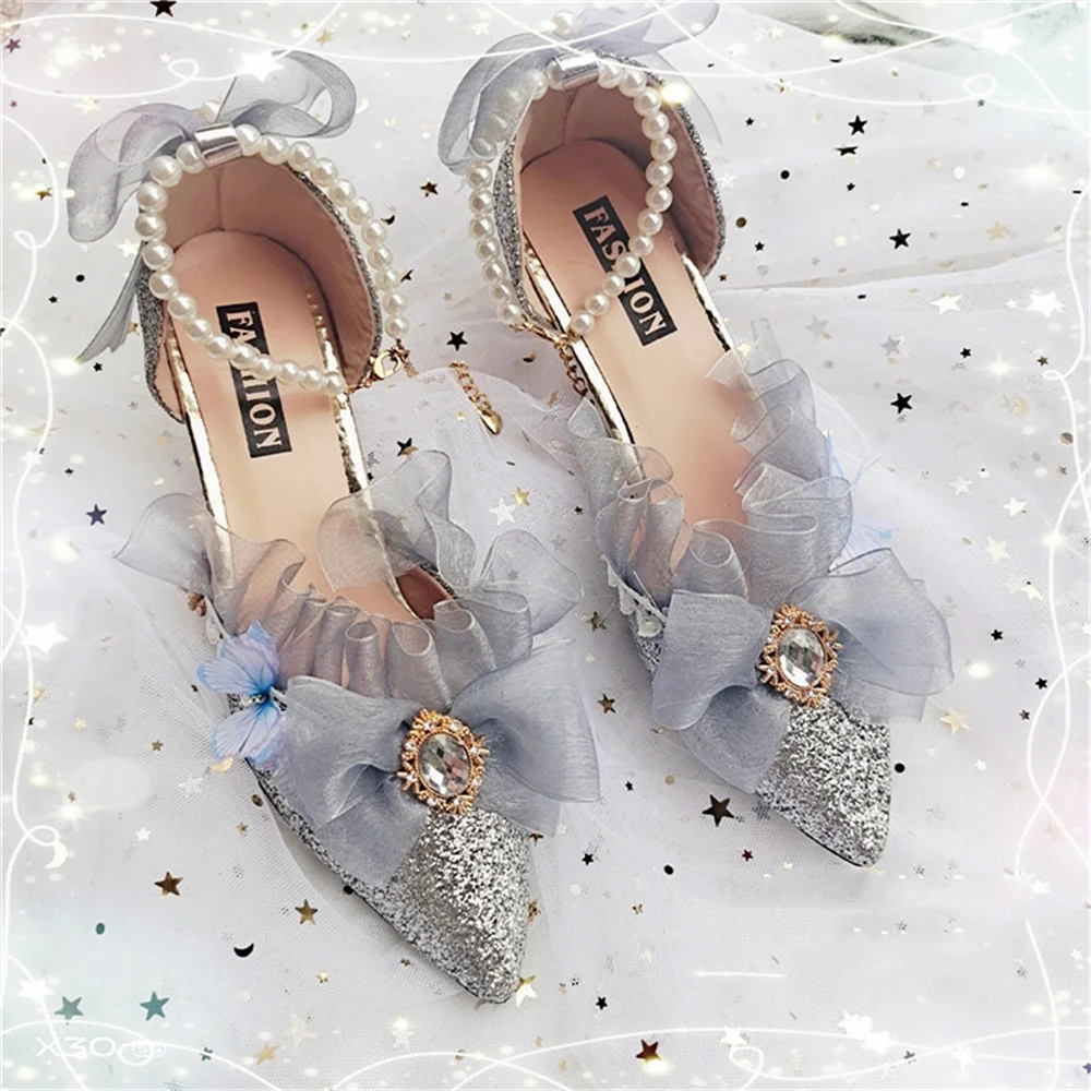 

Kawaii Girl Tea Party Pointed Sandals Mid Heel Victoria Lolita Shoes Elegant Woman Pearl Chain Lace Bowknot Cosplay Lolita Shoes