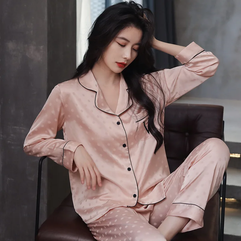 2023 New Pajamas Women's Spring and Autumn Summer Ice Silk Polka Dot Internet Celebrity Homewear Suit