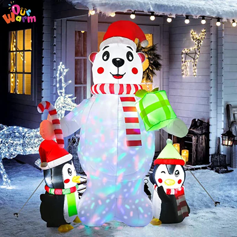 OurWarm New Christmas Outdoor Decoration Inflatable 6FT Polar Bear With 2 Penguins Rotating LED Light For Xmas Garden Yard Decor