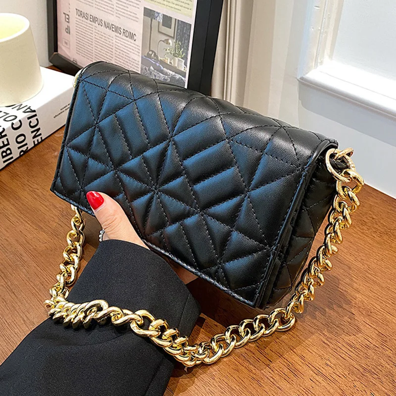

Minimalist Quilted Flap Square Bag for Women 2022Brand Designer Luxury Crossbody Bags Female Shoulder Handbags Thick Chain