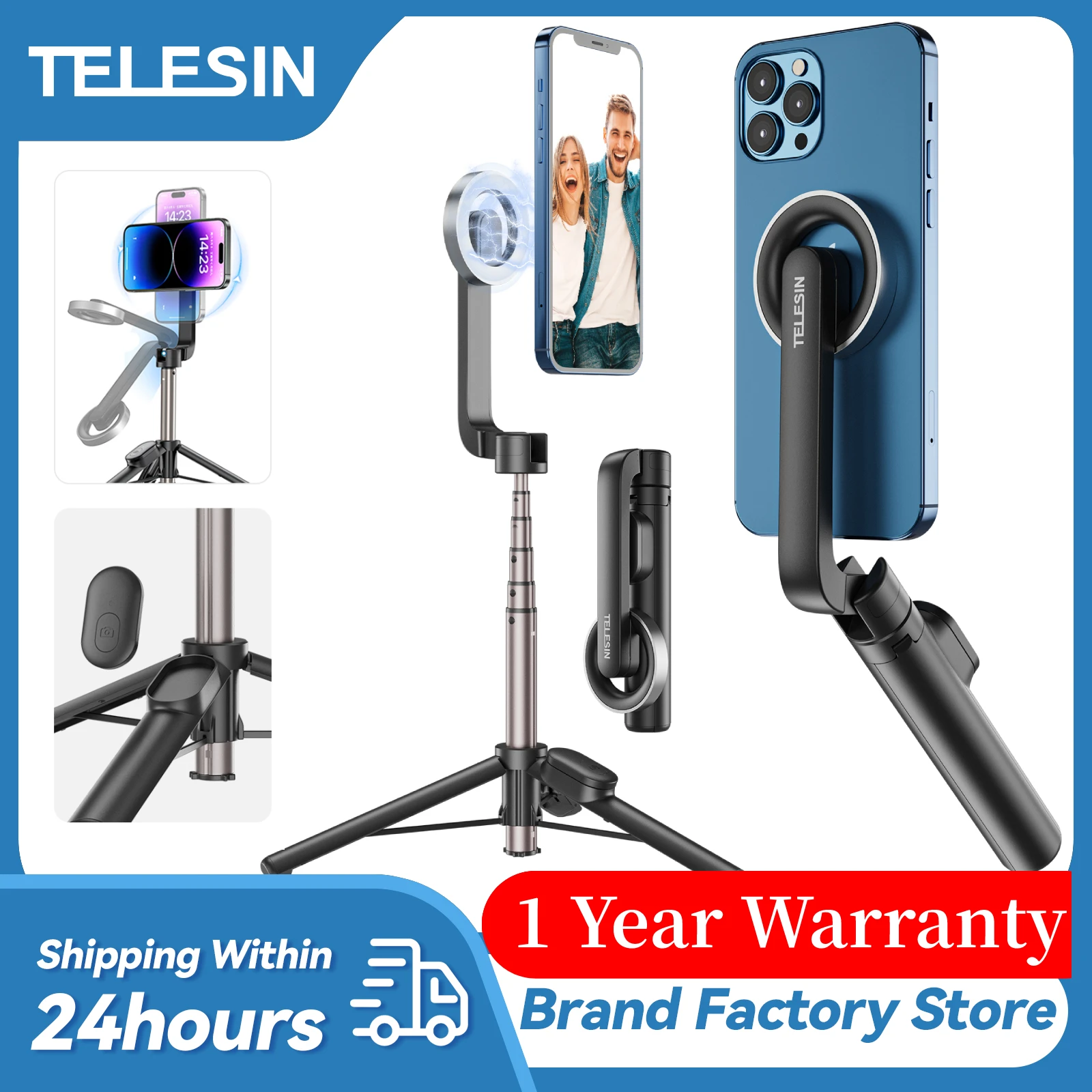 

TELESIN Magnetic Selfie Stick Tripod with Remote Magsafe Cellphone Stand for iPhone 14 13 12 Pro Max Vertical Shooting