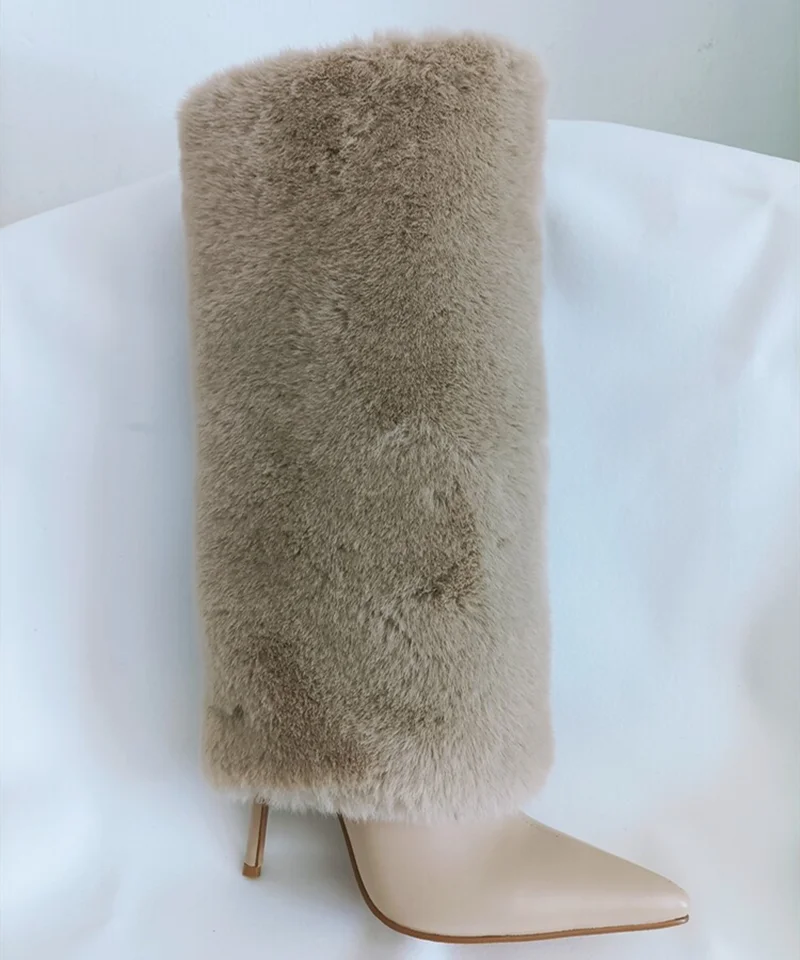 Winter Hot Fur Boots Women's Short Snow Boots Black White Stiletto Slip on Heels Shoes Booty Big Size 43