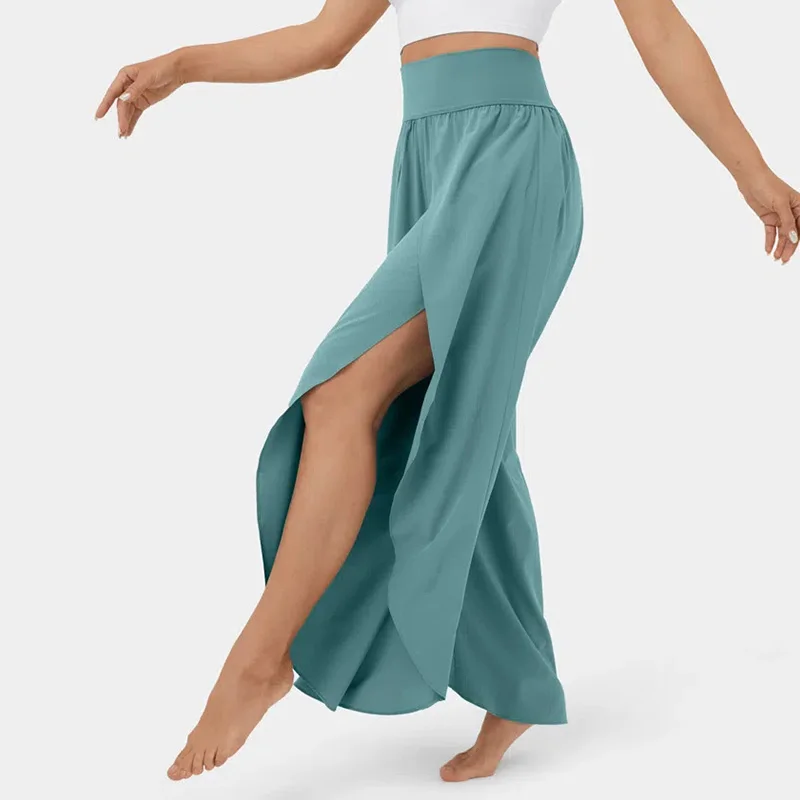 

Женские брюки с высокой талией, эластичный пояс, широкие штаны для йоги, однотонные тонкие женские брюки длиной 9/10 с цветочным разрезом и широкими штанинами