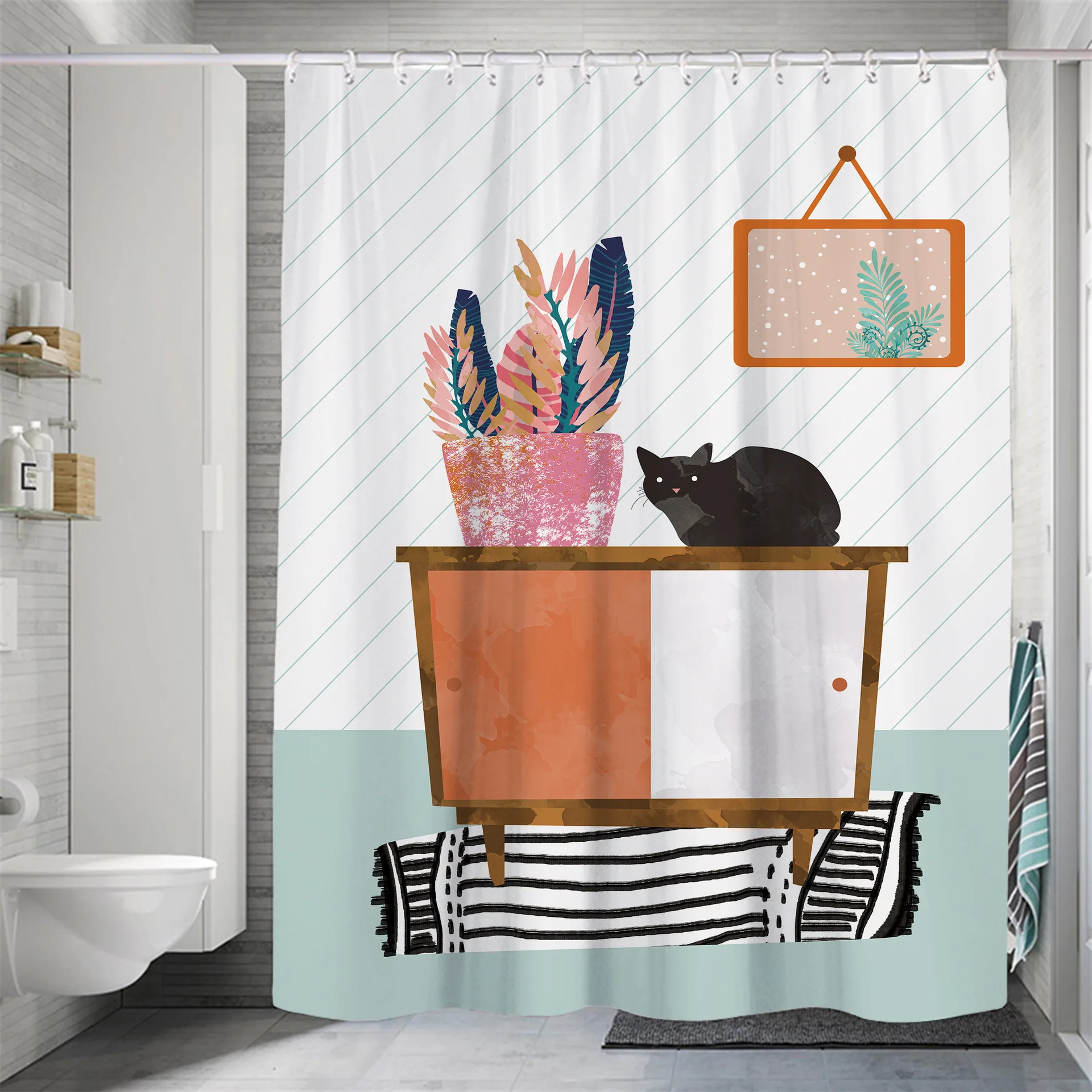 

Водонепроницаемая душевая занавеска Ins в скандинавском стиле с защитой от плесени, цифровая неперфорированная занавеска для ванной комнаты с принтом, занавеска для душа