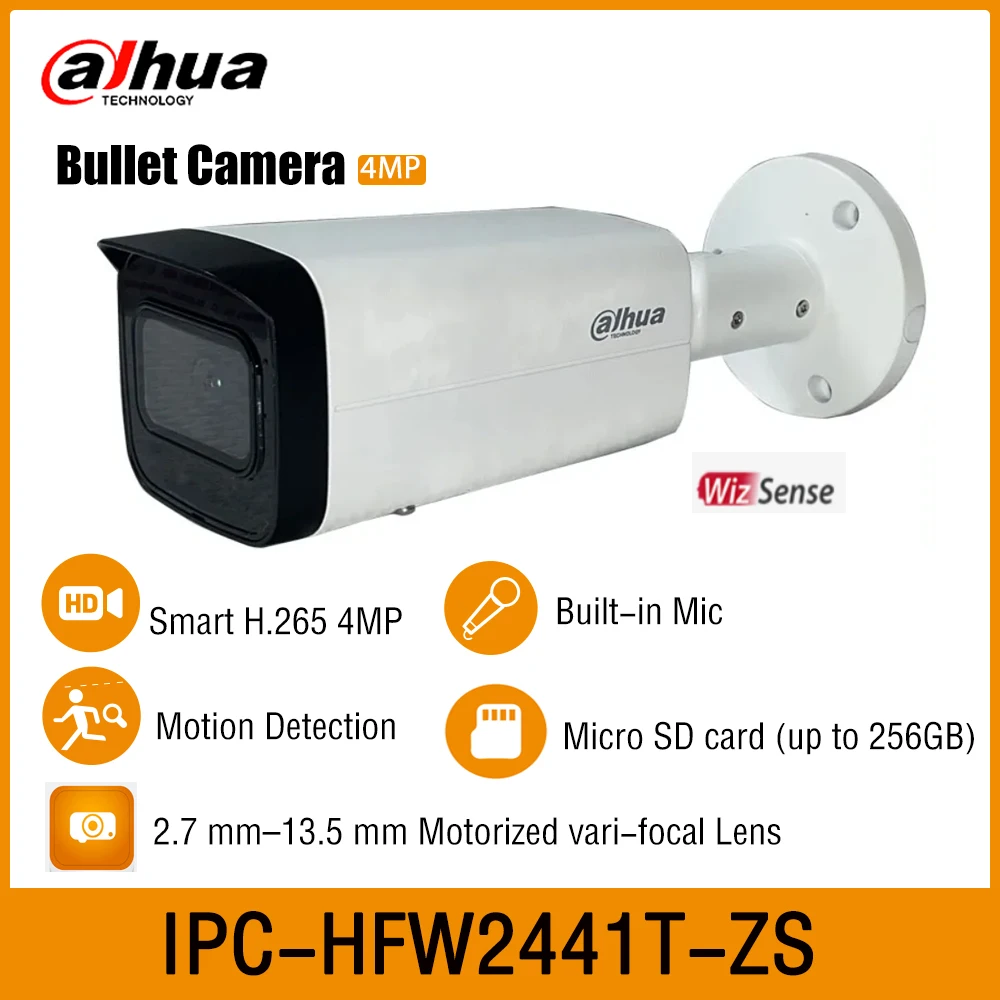 

Dahua IPC-HFW2441T-ZS 4MP H.265 IR 60M 2.7mm–13.5mm Motorized Zoom Bullet WizSense Network IP PoE Camera IP67 IK10 Built in MIC