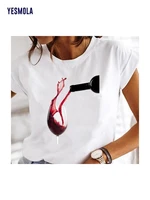 yesmola wine cup printed womens short sleeved t shirt fashion printed bottom shirt summer loose personality shirt