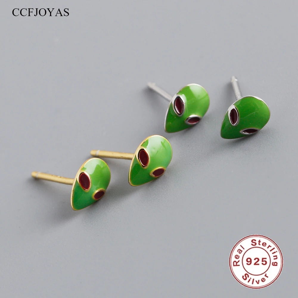 

CCFJOYAS 925 Sterling Silver Green Enamel Epoxy Cartoon Alien Stud Earrings for Girl Minimalist Fashion Piercing Earring Jewelry